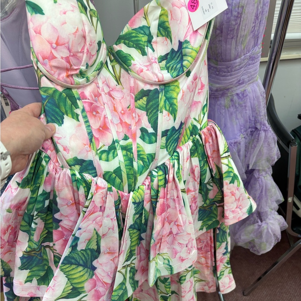 Jovani Floral Pink and Green corset style cocktail Dress NWT